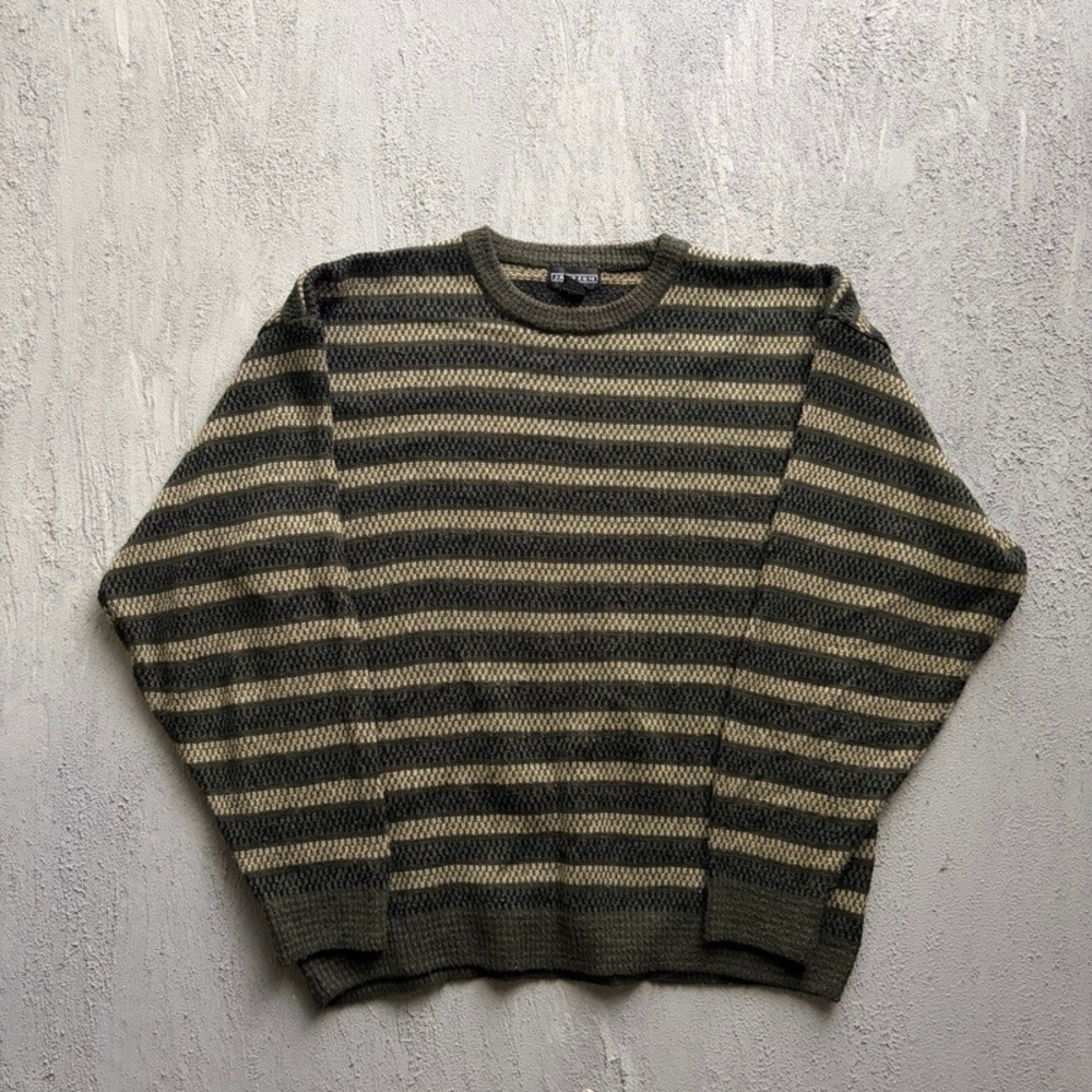 Vintage Jantzen Sweater XL Green 1990s Striped Crewneck Knit Pullover